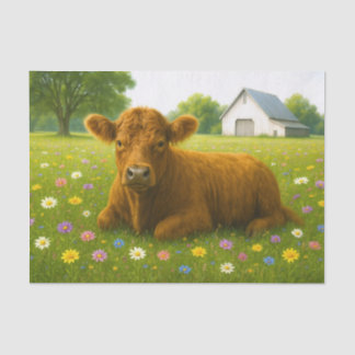 Baby Highland-koe in bloemenweide Tissuepapier