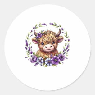 Baby Highland Koe met paarse bloemen Schotse ver Ronde Sticker