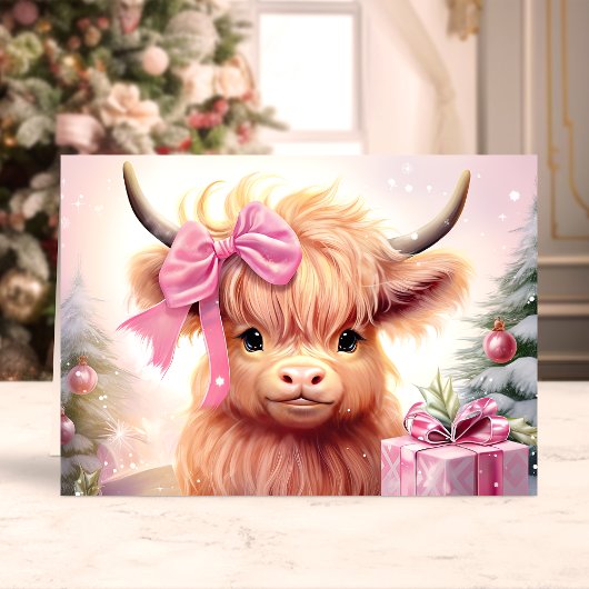 Baby Highland Koe met roze boog kerst Feestdagen Kaart