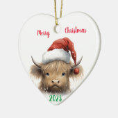Baby Highland Koe met Santa hat Keramisch Ornament (Links)
