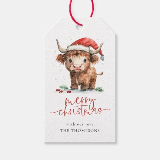 Baby Highland Koe Santa Script Vrolijk Kerstfeest Cadeaulabel (Voorkant)