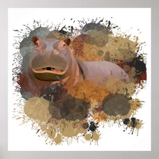 Baby Hippo Abstracte Verf Splatter Wildlife Poster (Voorkant)