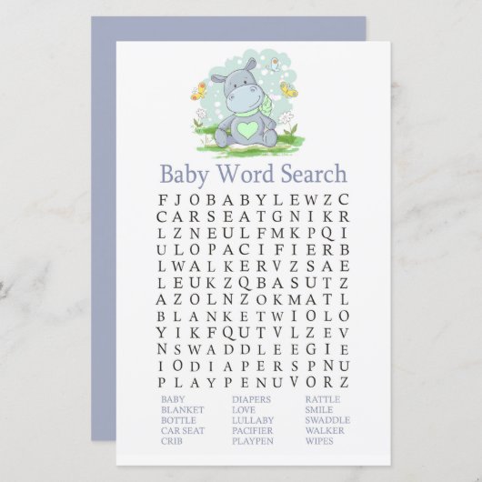 Baby Hippo Baby shower Word Search Game (Voorkant / Achterkant)