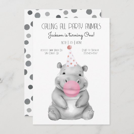 Baby hippo black and white Birthday Invitation Kaart (Voorkant / Achterkant)