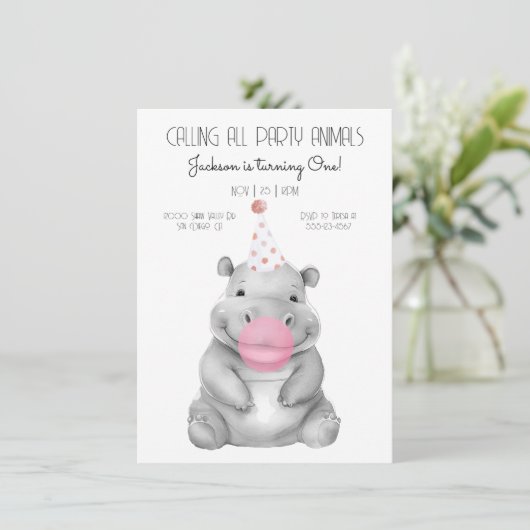 Baby hippo black and white Birthday Invitation Kaart (Staand voorkant)