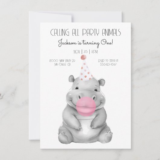 Baby hippo black and white Birthday Invitation Kaart (Voorkant)