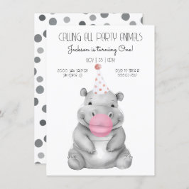 Baby hippo black and white Birthday Invitation Kaart