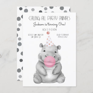 Baby hippo black and white Birthday Invitation Kaart