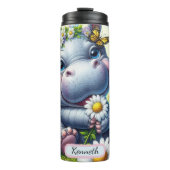 Baby Hippo in bloemenweide met vlinders Thermosbeker (Voorkant)