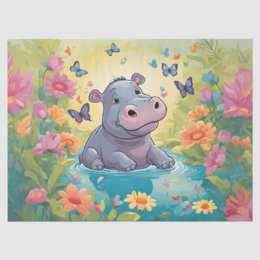 Baby Hippo in Meadow Puddle Decoupage Papier (Voorkant)