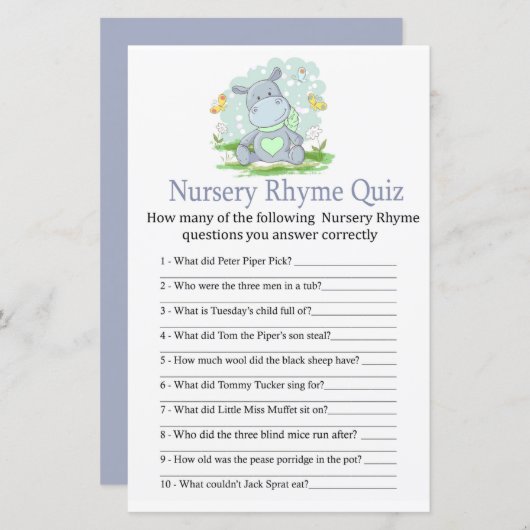 Baby Hippo Nursery Rhyme Quiz baby shower game (Voorkant / Achterkant)