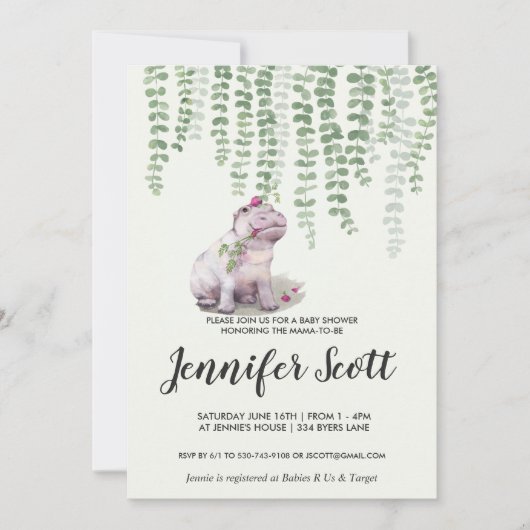 Baby Hippo Oerwoud Baby shower Uitnodiging (Voorkant)