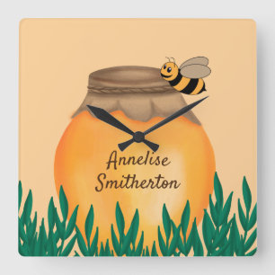 Baby Hommelbij en Honingpot Gele Kinderkamer Vierkante Klok