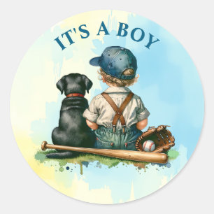 Baby, hond en honkbal Het is een jongen Ronde Sticker