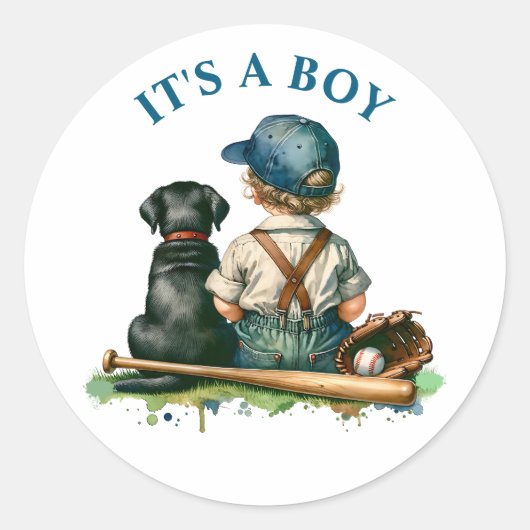  Baby, hond en honkbal | Het is een jongen Ronde Sticker (Voorkant)
