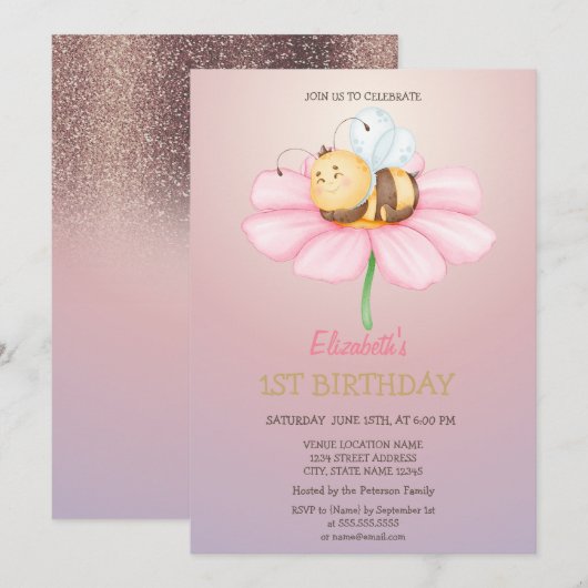 Baby Honey Bee Glitter Birthday Kaart (Voorkant / Achterkant)