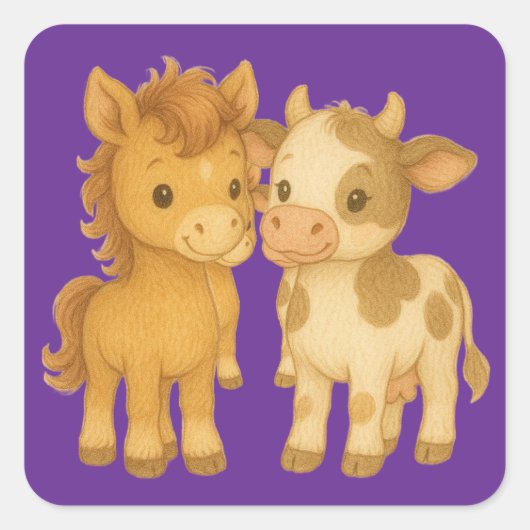 Baby Horse and Baby Cow Vierkante Sticker (Voorkant)