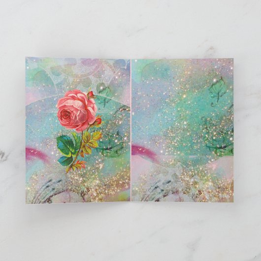 BABY HUGGING RABBIT, roze rozen, Blauwgroen blauwe Feestdagen Kaart (Binnen)