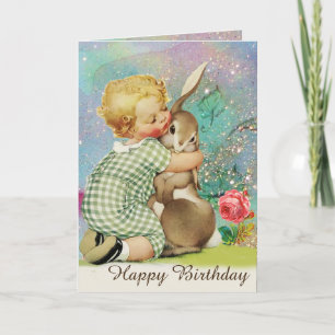 BABY HUGGING RABBIT, roze rozen, Blauwgroen blauwe Feestdagen Kaart