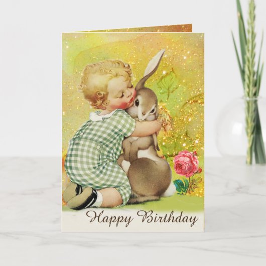 BABY HUGGING RABBIT, roze rozen, gele verjaardag Feestdagen Kaart (Voorkant)