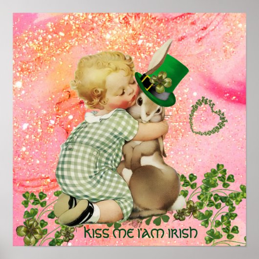BABY HUGGING RABBIT St.Patrick's Day, Roze Floral Poster (Voorkant)
