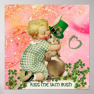 BABY HUGGING RABBIT St.Patrick's Day, Roze Floral Poster