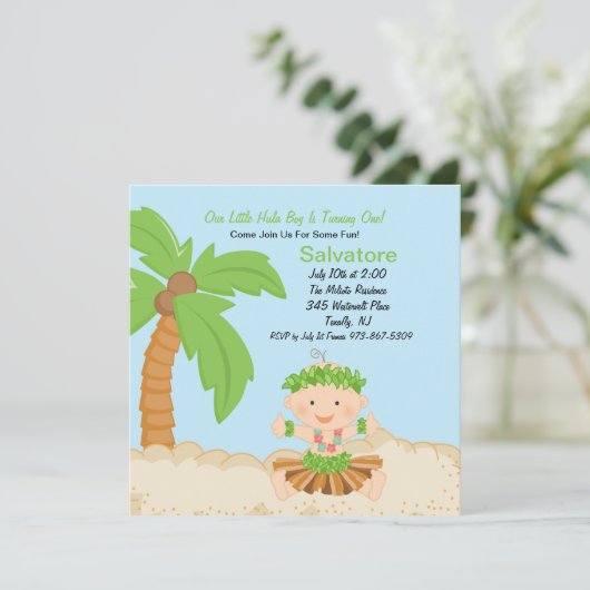 Baby Hula Boy First Birthday Uitnodiging (Staand voorkant)