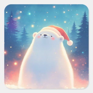 Baby ijsbeer met kerstmuts onder sterrenhemel vierkante sticker
