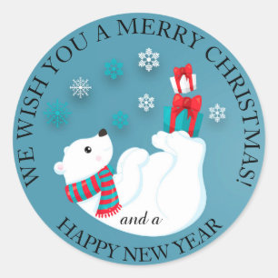 Baby IJsbeer Speelt op Blauwe Kerstmis Ronde Sticker