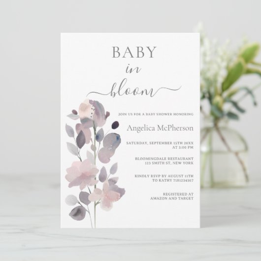 BABY IN BLOEI AS ROZE PASTEL PAARSE BLOES BLOEM KAART (Staand voorkant)