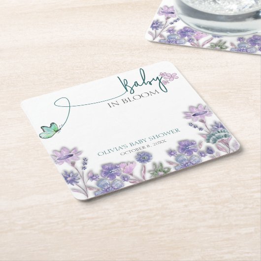 Baby in bloei Baby shower Paarse bloem Kartonnen Onderzetters (Schuin)