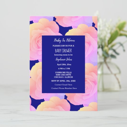 Baby in bloei Baby shower roze rose bloemblauw Kaart (Staand voorkant)