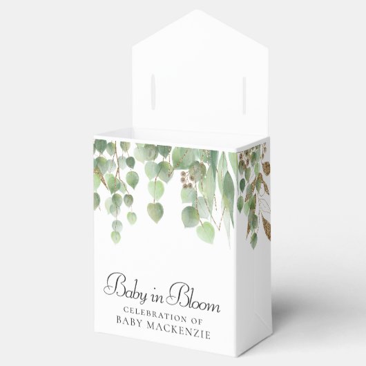 Baby in bloei | Ballon- en Eucalyptus-Baby shower Bedankdoosjes (Geopend)