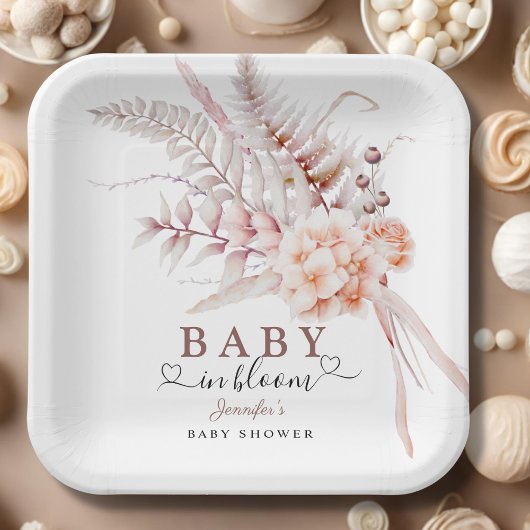Baby in bloei | Beige lente bloemig Baby shower Papieren Bordje