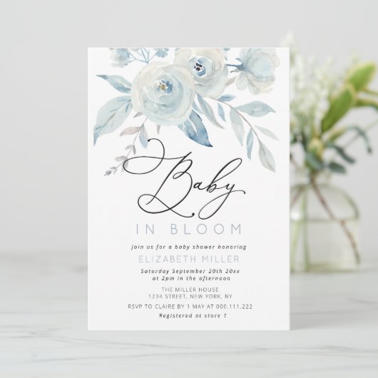 baby in bloei belettering blauw floraal baby showe kaart (Staand voorkant)