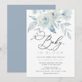 baby in bloei belettering blauw floraal baby showe kaart (Voorkant / Achterkant)