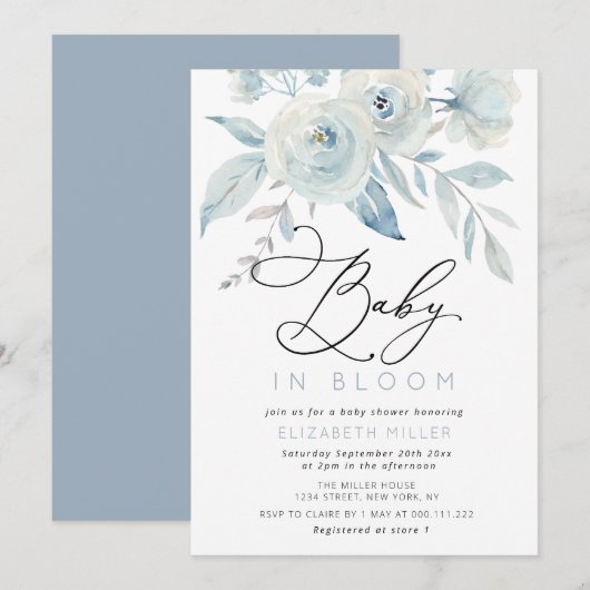 baby in bloei belettering blauw floraal baby showe kaart (Voorkant / Achterkant)