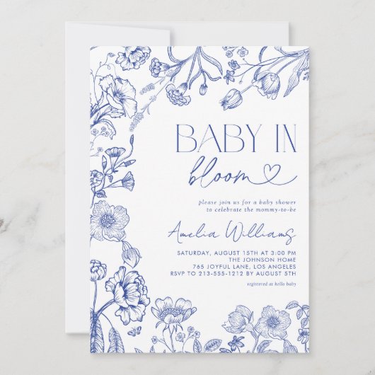 Baby in bloei  bloemenblauw Baby shower Kaart (Voorkant)