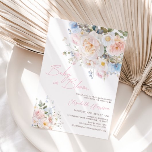 Baby in bloei bloemenroze Baby shower uitnodiging