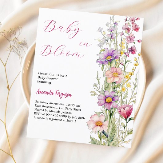 Baby in bloei bloemenroze Baby shower uitnodiging