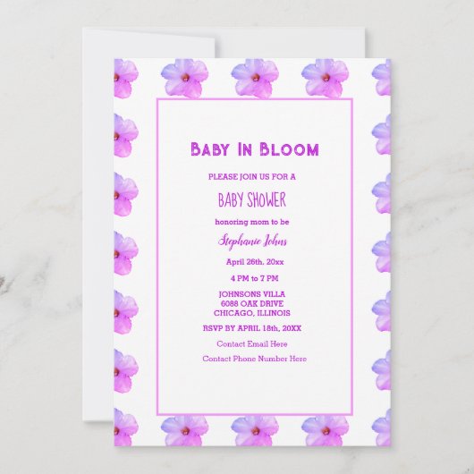 Baby in bloei bloemenroze Paarse Baby shower meisj Kaart (Voorkant)