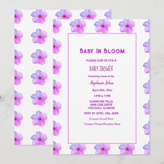 Baby in bloei bloemenroze Paarse Baby shower meisj Kaart (Voorkant / Achterkant)