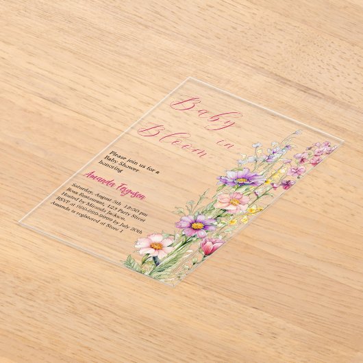 Baby in bloei Bloemroze paarse heldere Baby shower Acryl Uitnodigingen (Laagn)
