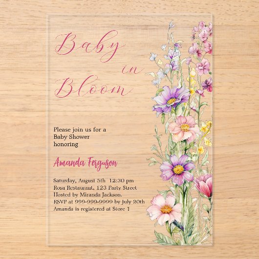 Baby in bloei Bloemroze paarse heldere Baby shower Acryl Uitnodigingen (Voorkant)