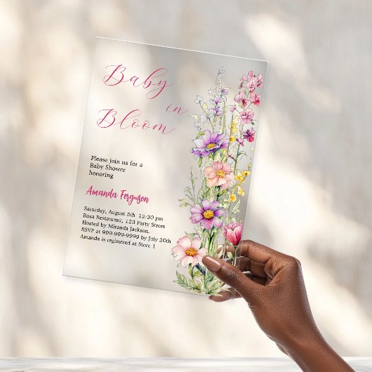 Baby in bloei Bloemroze paarse heldere Baby shower Acryl Uitnodigingen