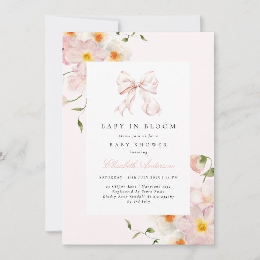 Baby in bloei boog zacht roze Baby shower uitnodig Kaart (Voorkant)