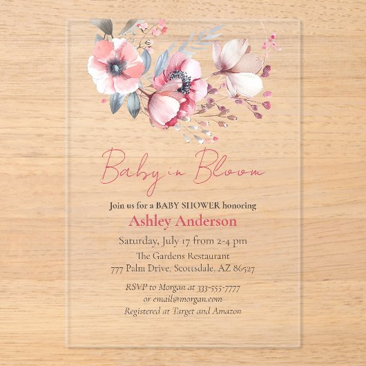 Baby in bloei, douche uitnodigen acryl uitnodiging (Voorkant)
