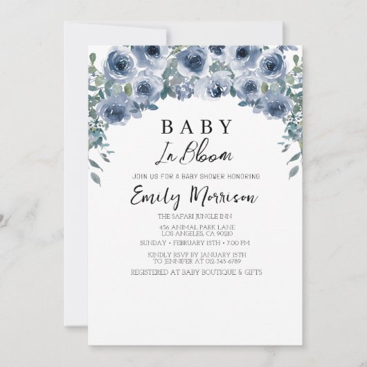 Baby in bloei en Blauwe bloemen Baby shower Kaart (Voorkant)
