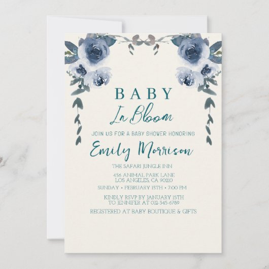 Baby in bloei en blauwe bloemen I Baby shower Kaart (Voorkant)