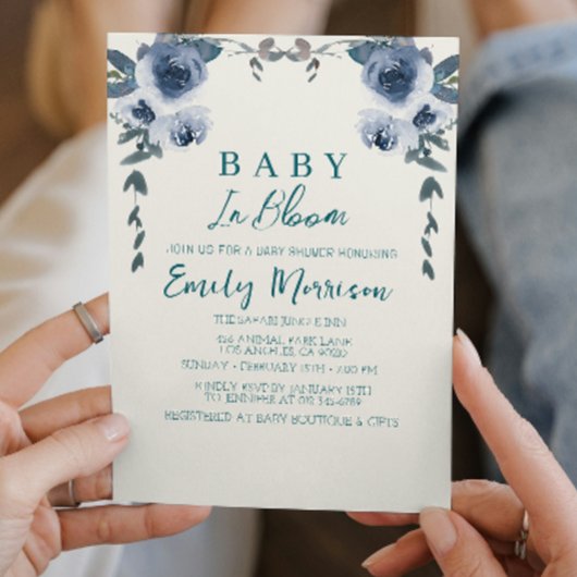 Baby in bloei en blauwe bloemen I Baby shower Kaart